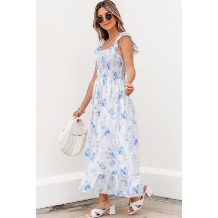 Sky Blue Floral Smocked High Waist Double Ruffle Sleeveless Long Dress
