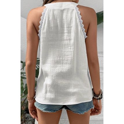 White Textured Lace Trim Pure Cotton Sleeveless Top