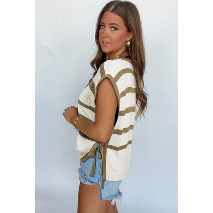 Khaki Stripe Tie Open Side Sweater Knitted Top