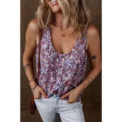 Yellow Boho Floral Pleated Buttoned Front Tank Top