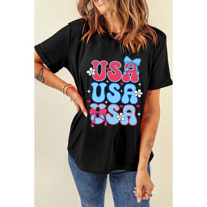 Black July 4th Cute Flower Bow USA Letter Graphic Tee