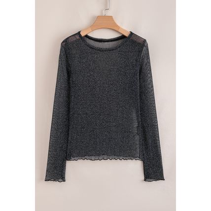 Black Metallic Glitter Mesh Long Sleeve Top