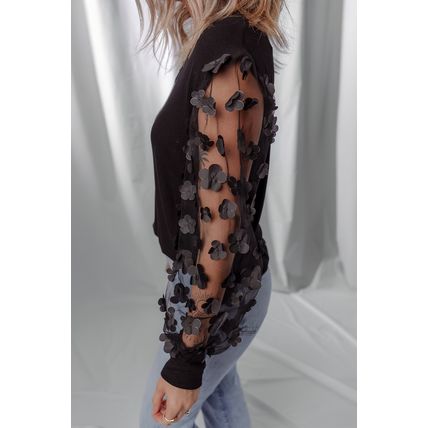 Black Flower Applique Mesh Long Sleeve V Neck Blouse