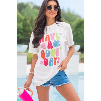 White HAVE A GOOD DAY Print Graphic Casual Tee