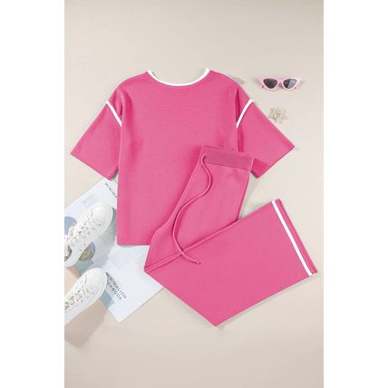 Bright Pink Contrast Trim Half Sleeve Top Drawstring Pants Loose 2pcs Sweater Su