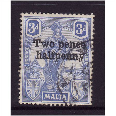 MALTA 1925 SG142 2 1/2d on 3d ULTRAMARINE FINE USED