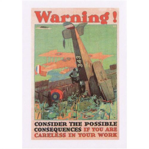 Postcard Poster Art Warning! RAF Aircraft Crash Sea Biplane Careless Work 1917