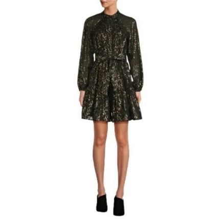 Camila Chiffon Mock Neck Long Sleeve Button Front Dress (Black, US)