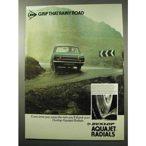 1977 Dunlop Aquajet Radial Tires Ad - Rainy Road