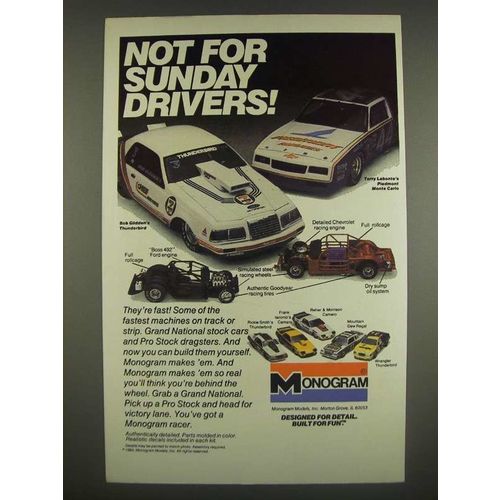 1985 Monogram Model Ad - Bob Glidden's Thunderbird & Terry Labonte's Monte Carlo