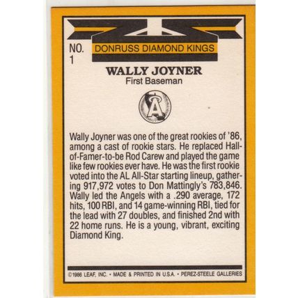 1987 Donruss Wally Joyner rookie baseball card #1– Angels Diamond King RC