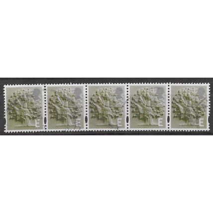 ENGLAND STRIP OF 5 X 'E'OAK TREE ' (EN8) FINE USED (EBID75-771XL)