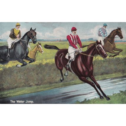The Water Jump British Horse Race Racing Old Postcard