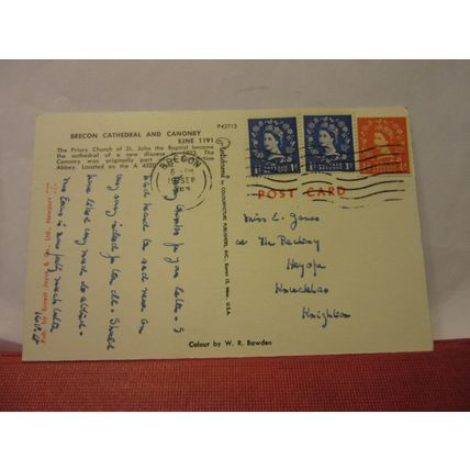 CATHEDRAL and CANONRY, BRECON, WALES used vintage postcard 1962 pm /