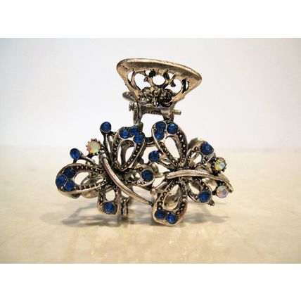 Jeweled antique style silver metal butterfly hair claw clips with crystals