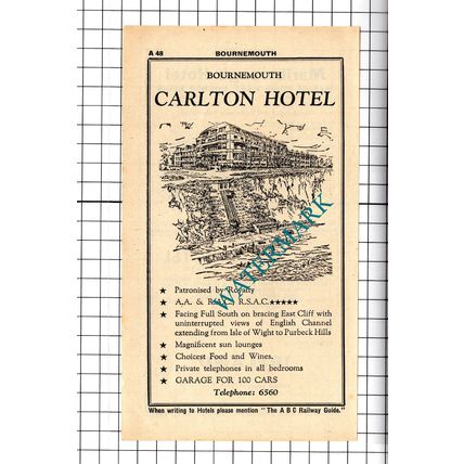 Carlton Hotel Bournemouth Advert - 1958 Cutting / Print