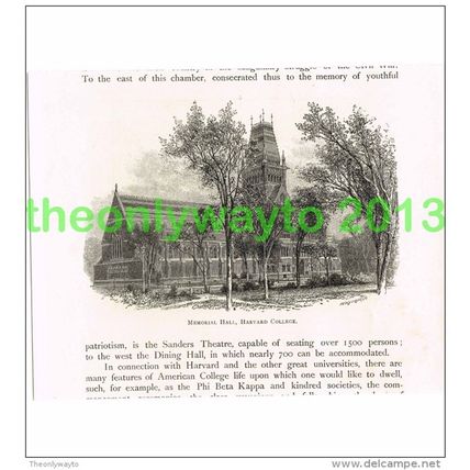 MEMORIAL HALL, HARVARD COLLEGE, USA, BOOK ILLUSTRATION (PRINT) 1891