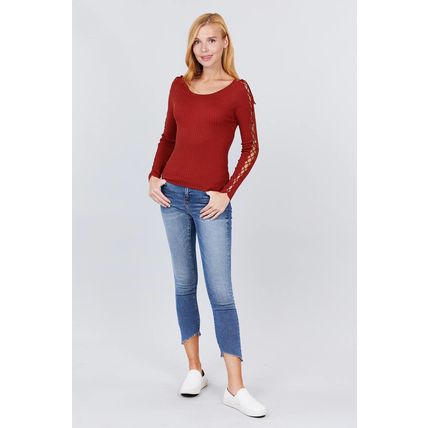 Long Sleeve W/strappy Detail Round Neck Rib Sweater Top