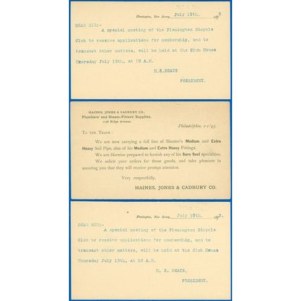 Face Free Postal Cards #UX10 LOT/3, FLEMINGTON NJ DEATS BICYCLE CLUB, PLUMBING!