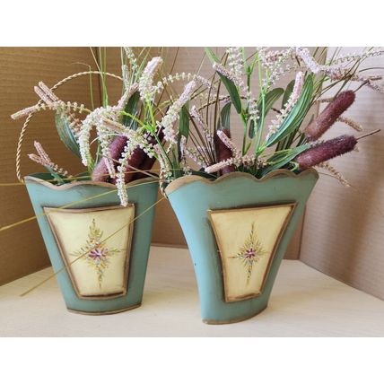 2 Decorative French Country Style Tin Basket Vase Faux Foliage Hanging or Table