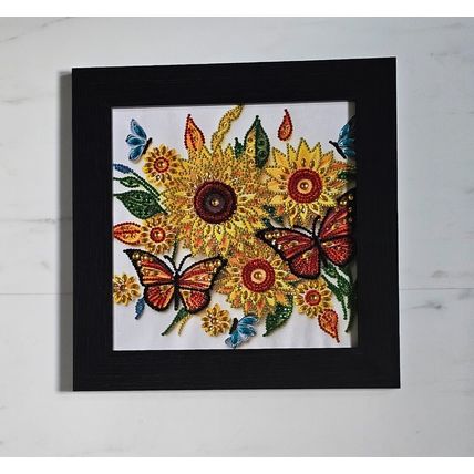 Sunflower Picture Completed Diamond Art in Black Wooden Frame Size 32cm by 32cm