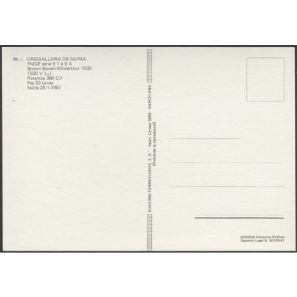 Cremallera de Nuria FMGP Serie E 1 a E 4, c.1980s - Ferroviaries Tarjeta Postal