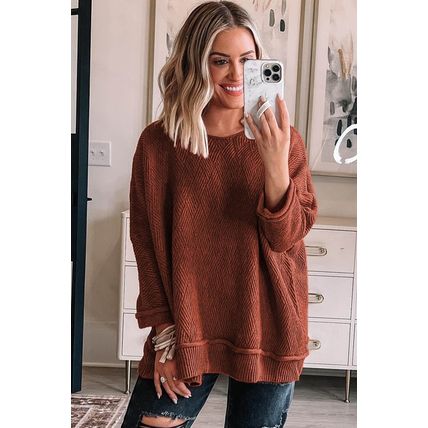 Gold Flame Solid Color Textured Crew Neck Loose Sweater