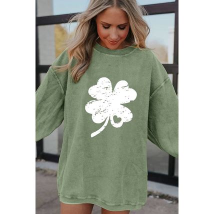 Grass Green Distressed Clover Print St Patricks Corded Sweatshirt