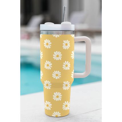 Yellow Daisy Print Handle Stainless Steel Portable Cup 1200ml
