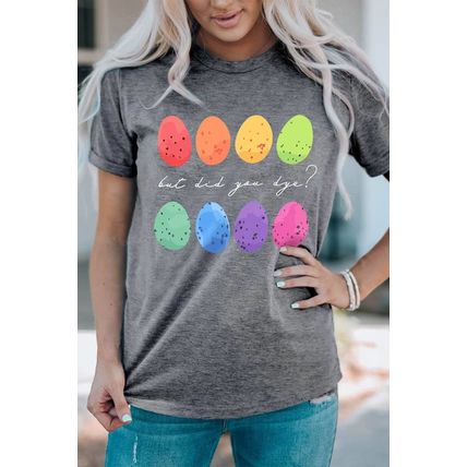 Gray Easter Eggs Print Crew Neck T Shirt