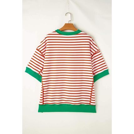 Orange Stripe Oversized Contrast Trim Exposed Seam High Low T Shirt