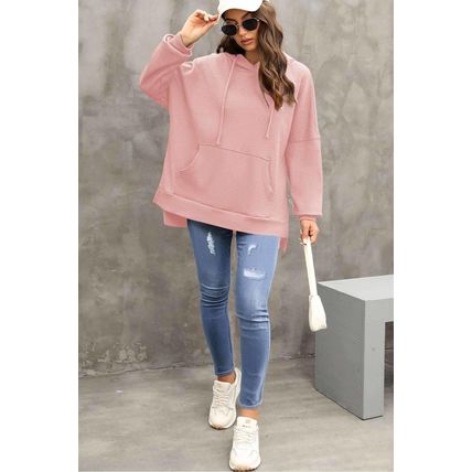 Light Pink Waffle Knit Fleece Lined High Low Oversized Hoodie
