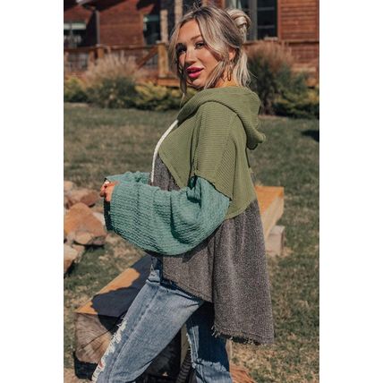 Laurel Green Mixed Textured Colorblock Patchwork Wide Sleeve Frayed High Low Hoo