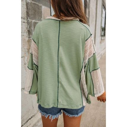 Grass Green Crochet Detail Exposed Seam High Low Loose Top