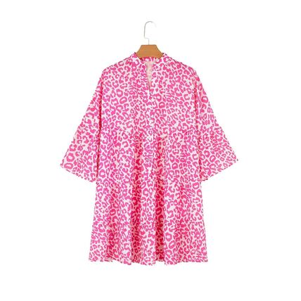 Bright Pink Leopard Printed Long Sleeve Buttoned Front Mini Dress