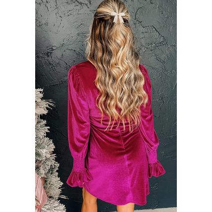 Rose Red Smocked Mock Neck Ruffled Puff Sleeve Velvet Mini Dress