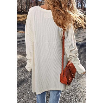 White Waffle Knit Exposed Seam V Neck Oversized Top