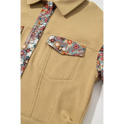 Khaki Waffle Knit Floral Print Patchwork Button up Jacket