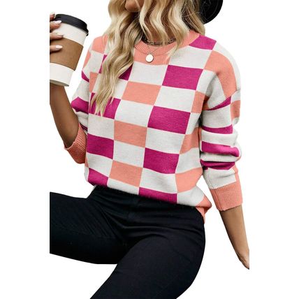 Pink Checkered Ribbed Edge O Neck Drop Shoulder Sweater