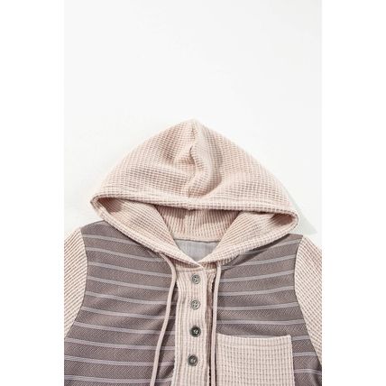 Gray Textured Knit Colorblock Striped Henley Hooded Top
