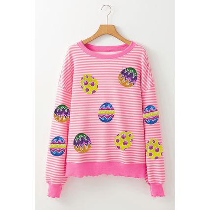 Pink Stripe Easter Egg Patched Graphic Drop Shoulder Long Sleeve Top
