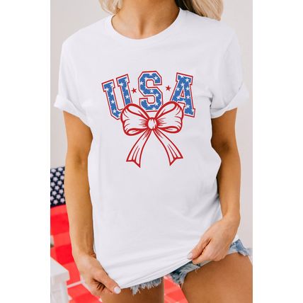 White USA Bow Letter Graphic Short Sleeve Top