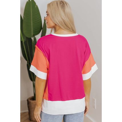 Rose Red Color Block Patchwork Side Slits Loose Fit T Shirt