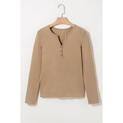 Pale Khaki Long Sleeve Buttons V Neck Slim Fit Top