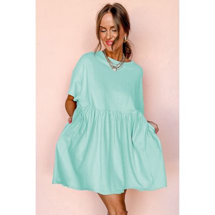 Moonlight Jade Solid Color Pocketed Raw Edge Babydoll Dress