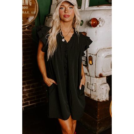 Black Frilled V Neck Pleated Ruffle Detail Short Shift Dress