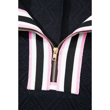 Color black Striped Collared Zip up Textured Skirt Set