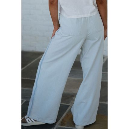 Beau Blue Light Wash Contrast Trim Center Seam Drawstring High Waist Wide Leg De