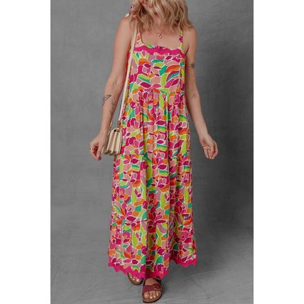 Multicolour Floral Tied Straps Ricrac Trim Maxi Dress