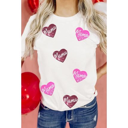 White mama Heart Shape Sequin Patched Crew Neck T Shirt